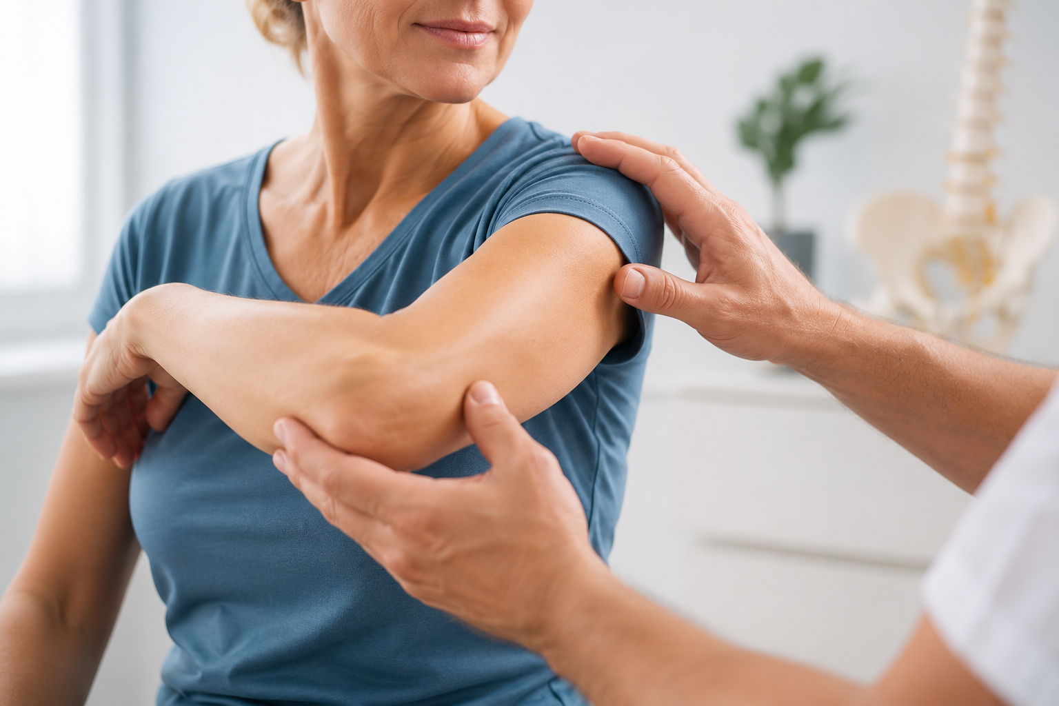 Ärztliche Untersuchung der Schulter einer Patientin in der Orthopädischen Praxis