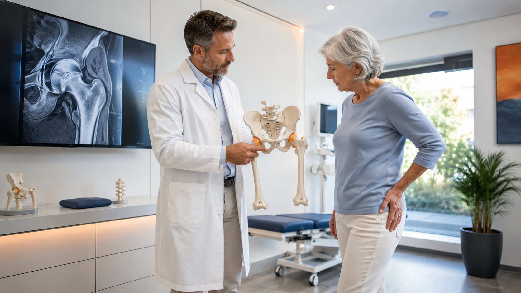 Arzt erklärt einer Patientin anhand eines Beckenmodells die Hüftarthrose