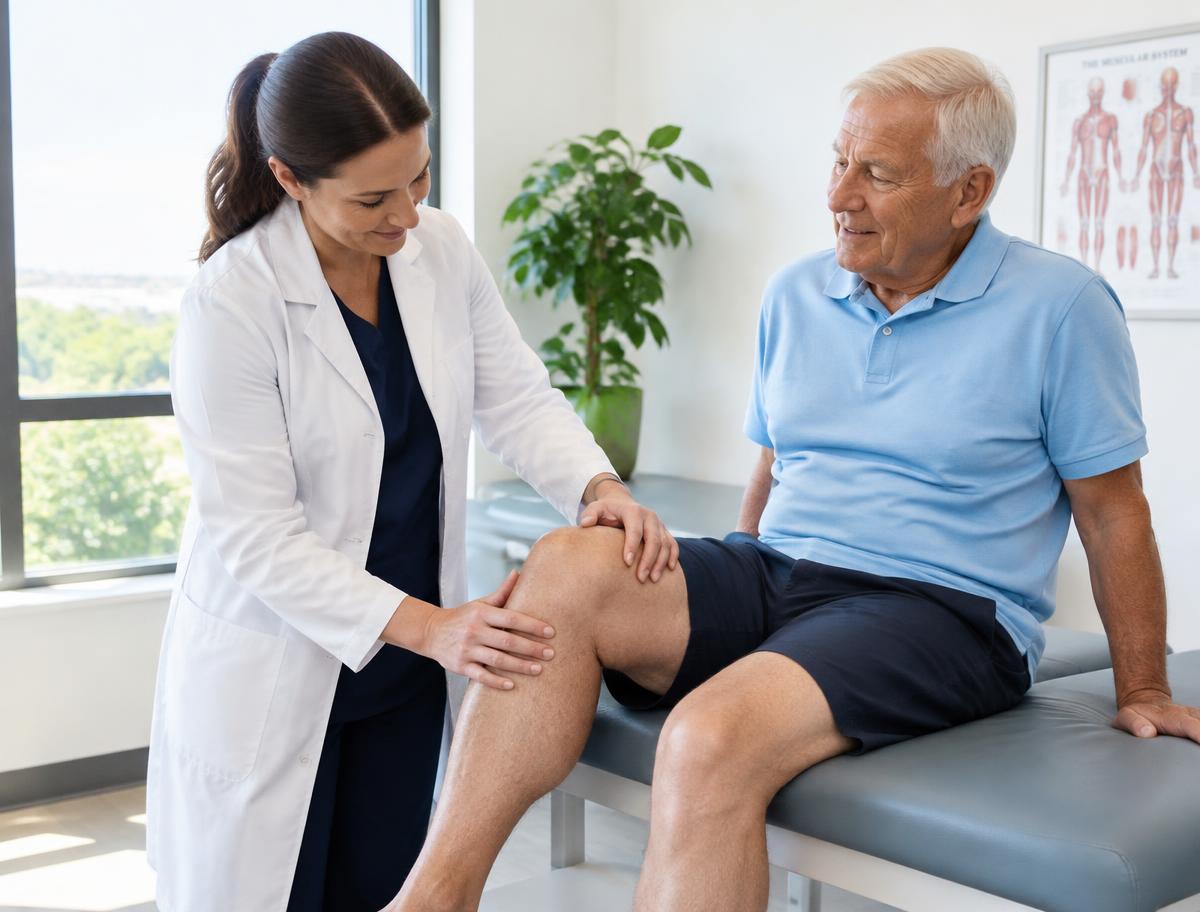 Ärztin untersucht das Knie eines entspannt sitzenden Patienten mit den Händen – berührungsfreie Therapie ohne Gerät