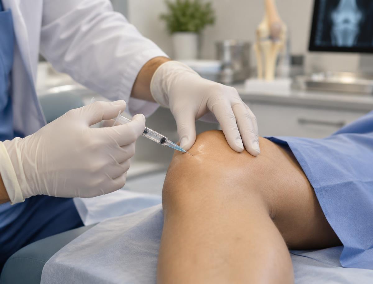 Ärztliche Hände setzen eine feine Nadel präzise in das Kniegelenk eines Patienten – Hyaluronsäure-Injektion
